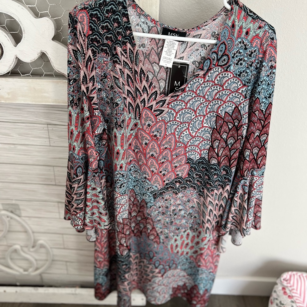 MSK Women's Mini Dress Paisley Bell Sleeves Made in USA Boho X Large